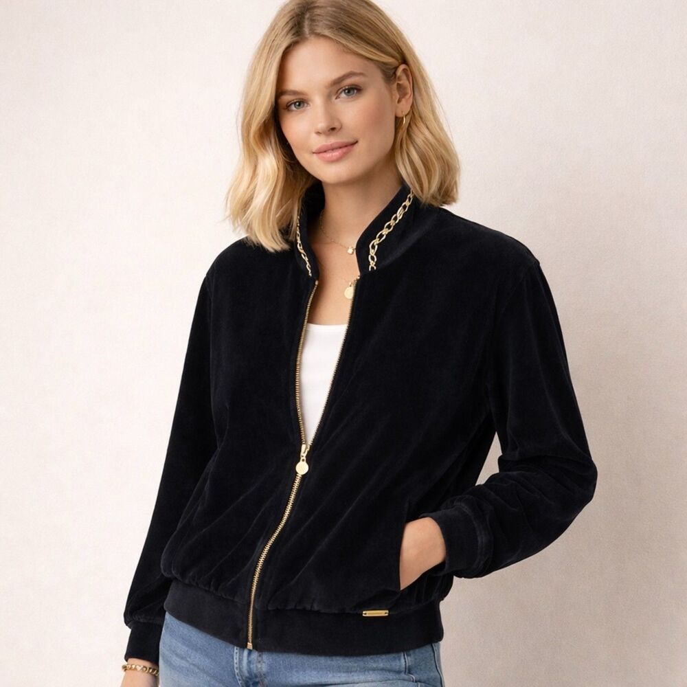 St John Sport Black Velour Bomber Jacket Gold Embroidered Trim Zip Y2K M